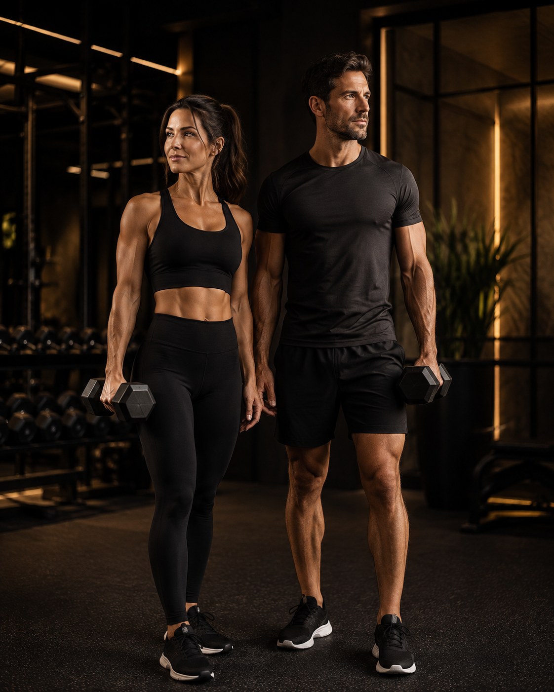 A man and a woman training together with dumbbells in a warm, premium gym